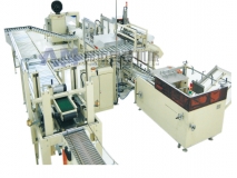 Automatic unpacking, packing, box sealing and strapping line in food industry